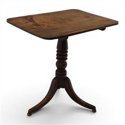 George III mahogany tripod table, rectangular tilt top, raised on a turned column, on spla...