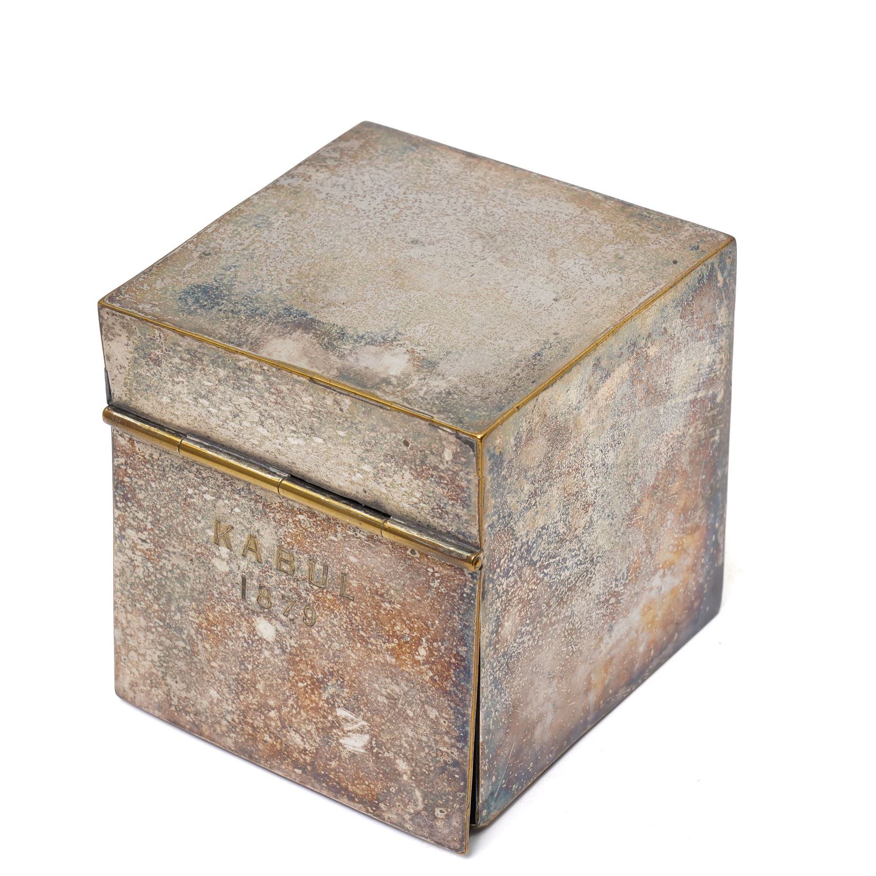 Pair of Victorian silver plated bottle coasters with turned boxwood bases D16cm, 19th century plated tea caddy engraved 'Kabul 1879' and a plated tea caddy with lion mask ring handles W16cm 