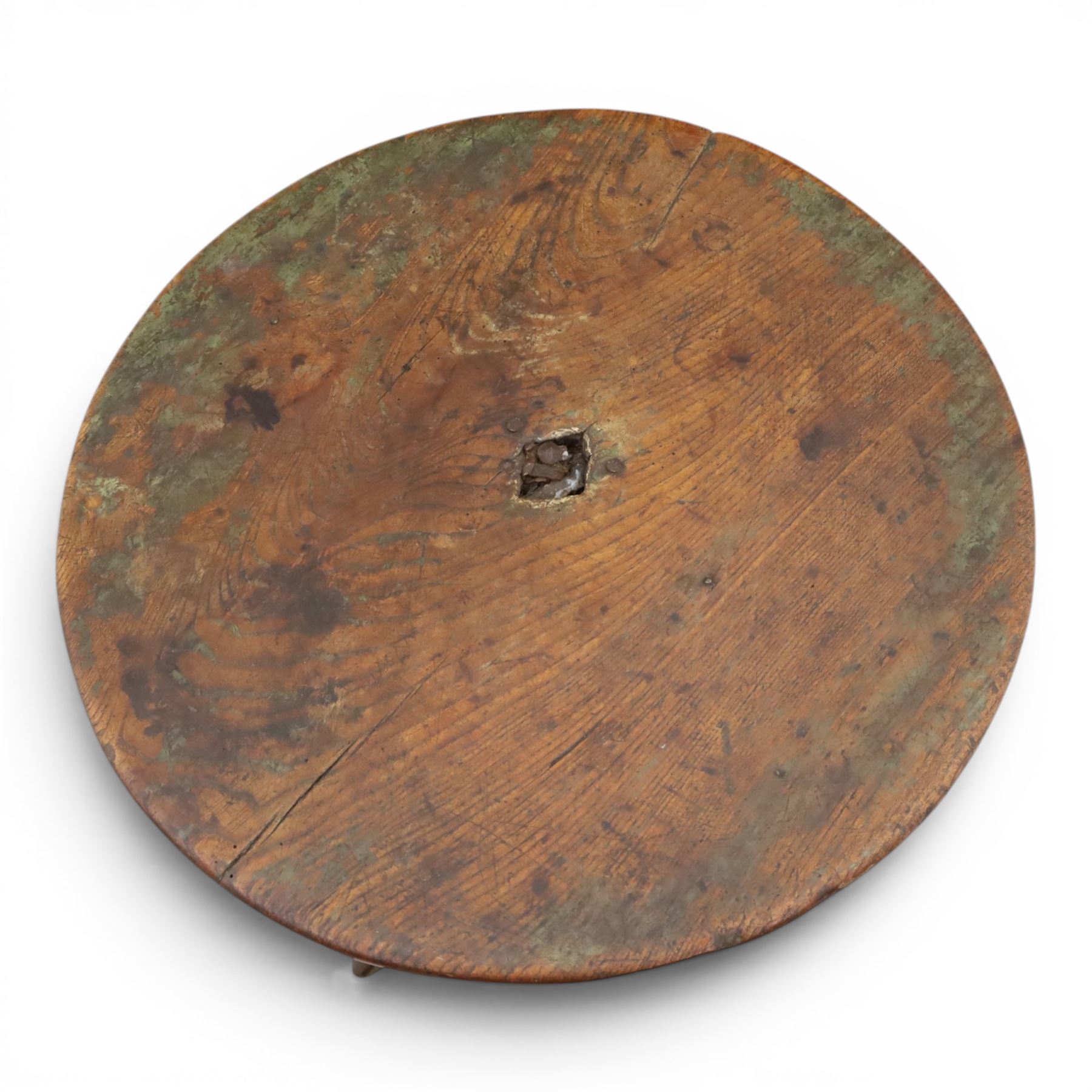 18th century primitive circular occasional table, single plank top with visible join, raised on turned column and splayed tripod base with shaped feet