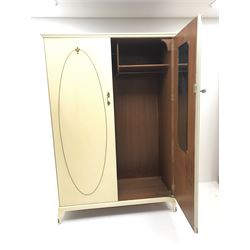 French style cream painted double wardrobe, two doors enclosing  single shelf and hanging rails, cabriole feet 