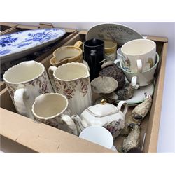 Assorted ceramics, to include various blue and white dinner wares, B&L England Farmers Arms mug and saucer, various Victorian and later decorative ceramics, etc., in three boxes 