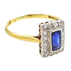 Art Deco gold baguette cut sapphire, old and single cut diamond cluster ring by Blanckensee & Son Ltd, stamped 18ct & PT, sapphire approx 0.60 carat, total diamond weight approx 0.15 carat