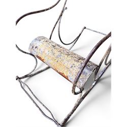 Pair of large unusual 19th century wrought iron garden rocking chairs, simple scroll design, lacking canvas seat