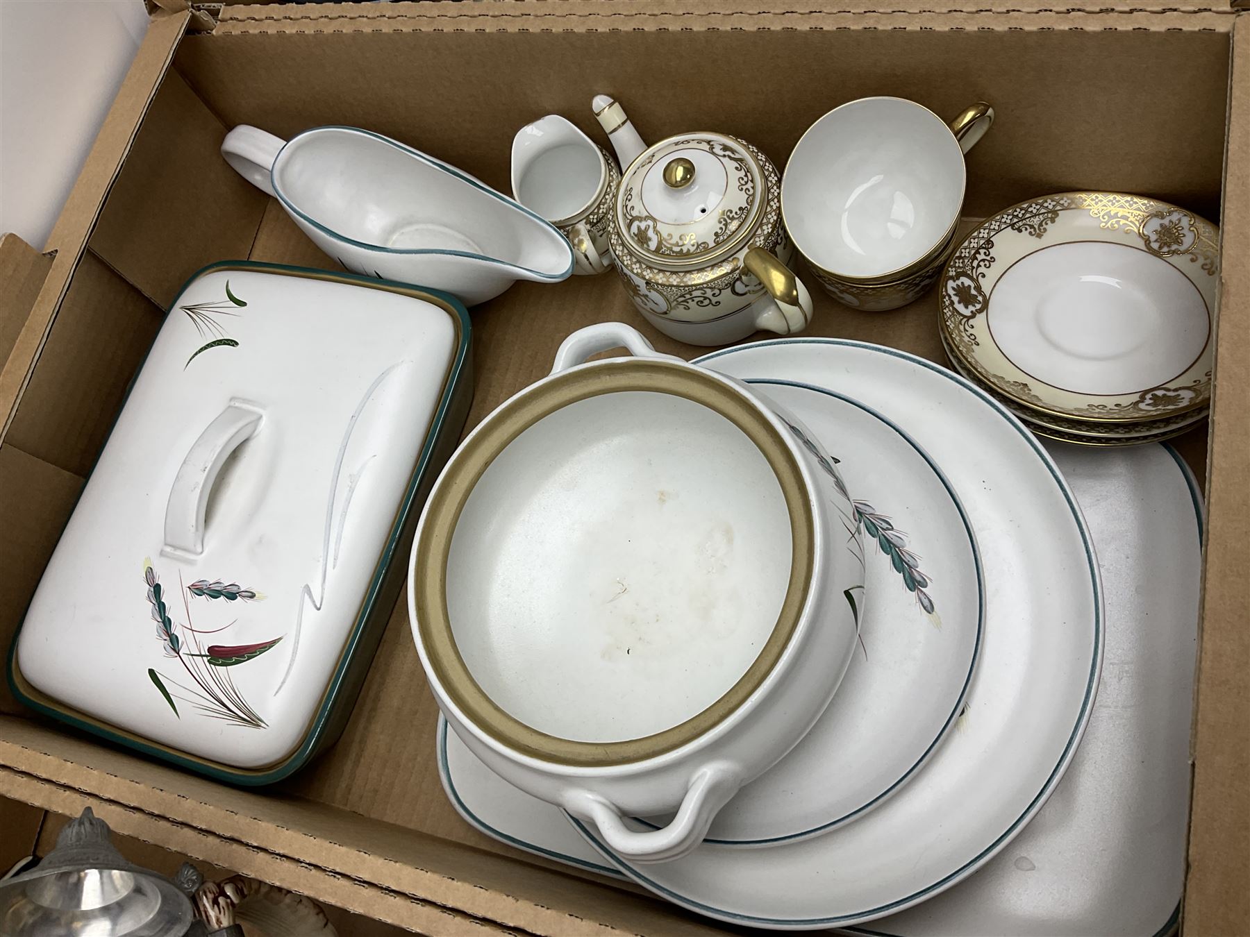 Denby Greenwheat pattern dinner wares, together with Royal Doulton Tumbling Leaves pattern tea and dinner wares, Royal commemorative ceramics including Wedgwood Jasperware table lighter, pair of Victorian glass hand painted vases, large blue and white urn with lid, Noritake part tea set, Staffordshire style dog and other ceramics and collectables, in boxes