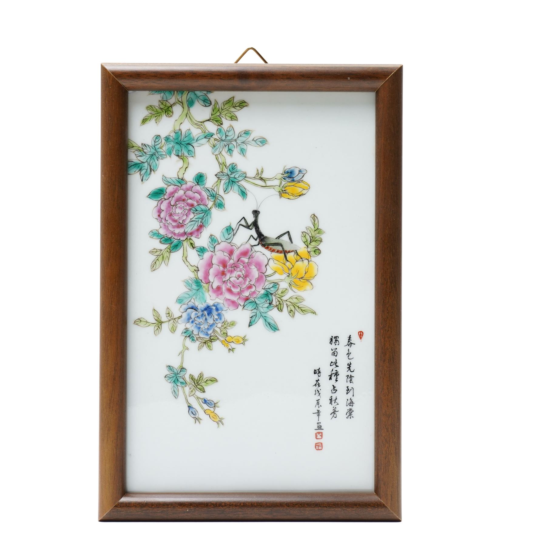 Manner of Liu Yuchen (Chinese 1904-1969) of the Zhushan Eight Friends circle: Mantis, painted plaque 22.5cm x 14cm; together with a figure of Guan Yin, H22cm and a vessel with printed dragon decoration, H18cm (3)