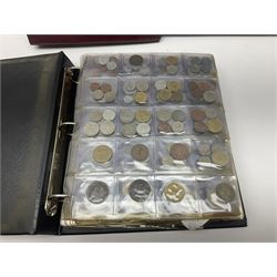 Great British and World coins including old round pounds, crowns, commemoratives, United States of America, housed in five folders and loose, with wooden storage box 