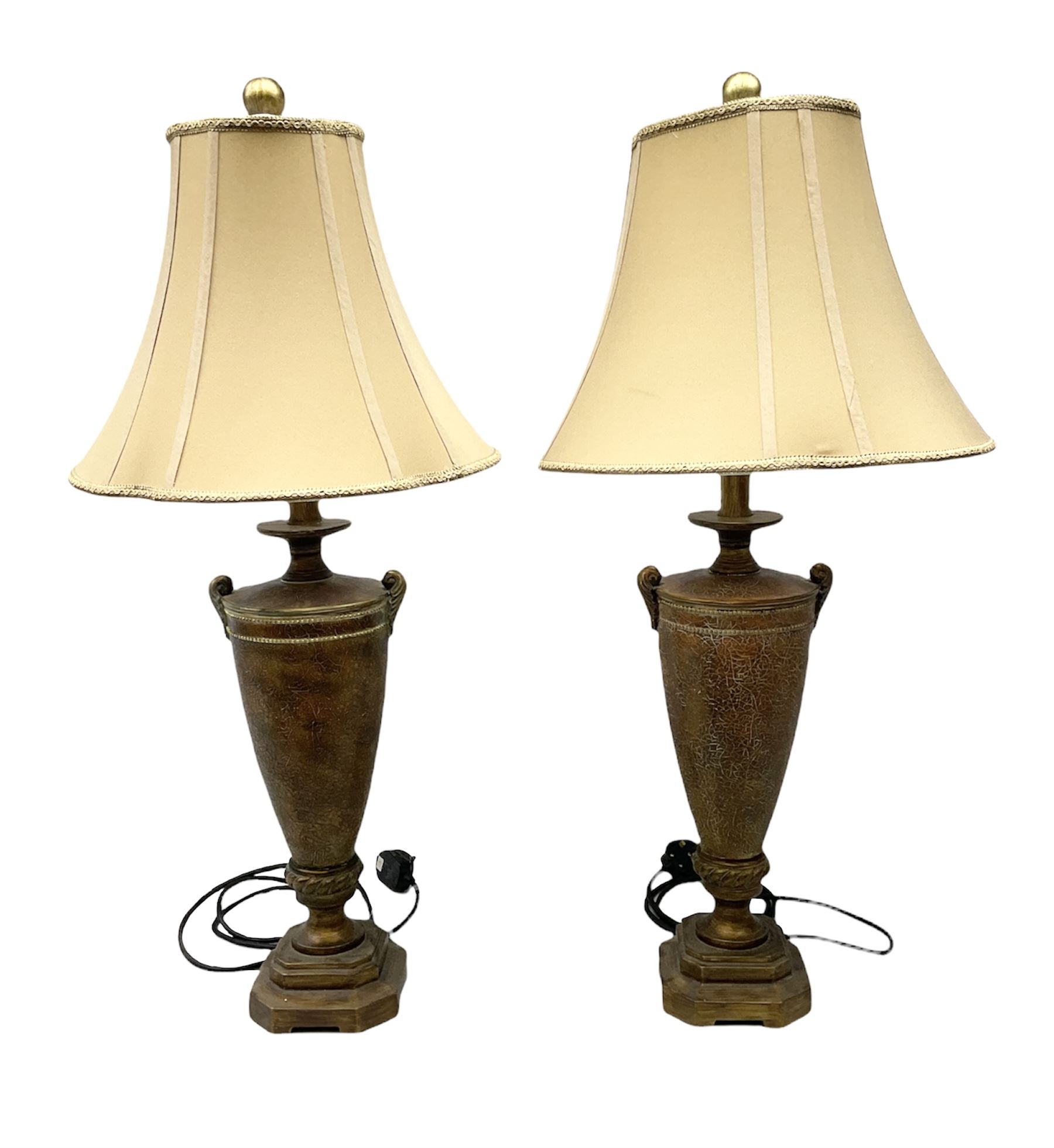 Pair of table lamps decorated with gold crackle effect design, upon stepped bases, with fabric shades, H86cm