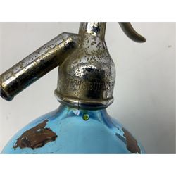 Two blue glass soda syphons, the first example marked 'Jewsbury & Brown Ltd Manchester', the second marked 'Sodas L.Gourdon Rennes', largest H31cm