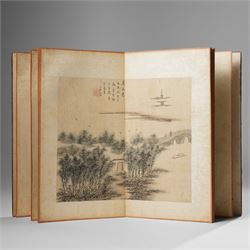 Chinese fold out book, comprising 12 hand-coloured woodblock landscapes each bearing inscription and artists seal  