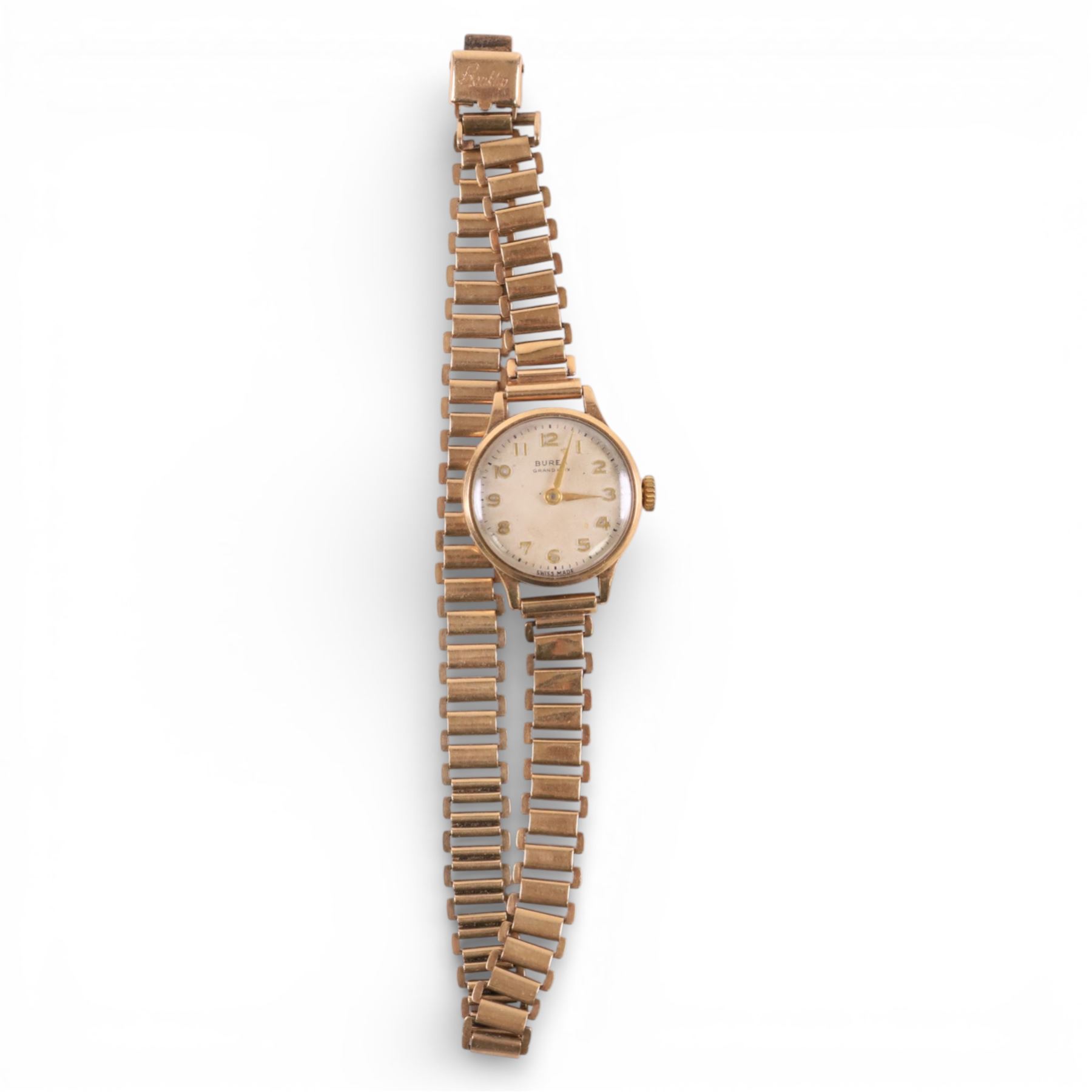 Buren 9ct gold manual wind presentation wristwatch, on 9ct gold bracelet strap, hallmarked