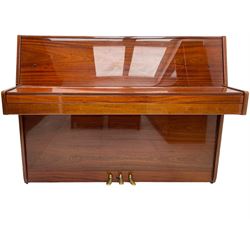 Steinmayer upright series 108 piano in sapele mahogany case, with an overstrung Iron frame and underdamper action, sustain, sostenuto and practise pedal, full compass seven octave 88 note keyboard serial Number 97050003 