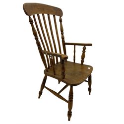 19th century elm and beech high back kitchen chair, and a tub shaped captains chair