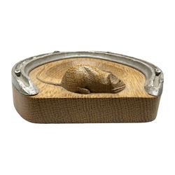 Mouseman - oak horseshoe ashtray, rounded triangular form with mounted horseshoe, carved with mouse signature, by the workshop of Robert Thompson, Kilburn, L13cm