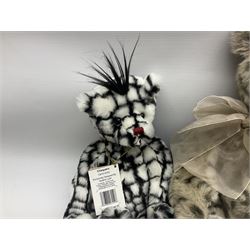 Four Charlie Bears, comprising Geoffrey CB131384, and Hawkins CB202024A, both designed by Isabelle Lee, and Tia CB161507O, and Chequers CB161525O, both designed by Heather Lyell, all with tags 