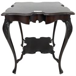 Victorian lacquered occasional table, shaped square top with moulded edge, raised on cabriole supports with acanthus carved knees, united by undertier