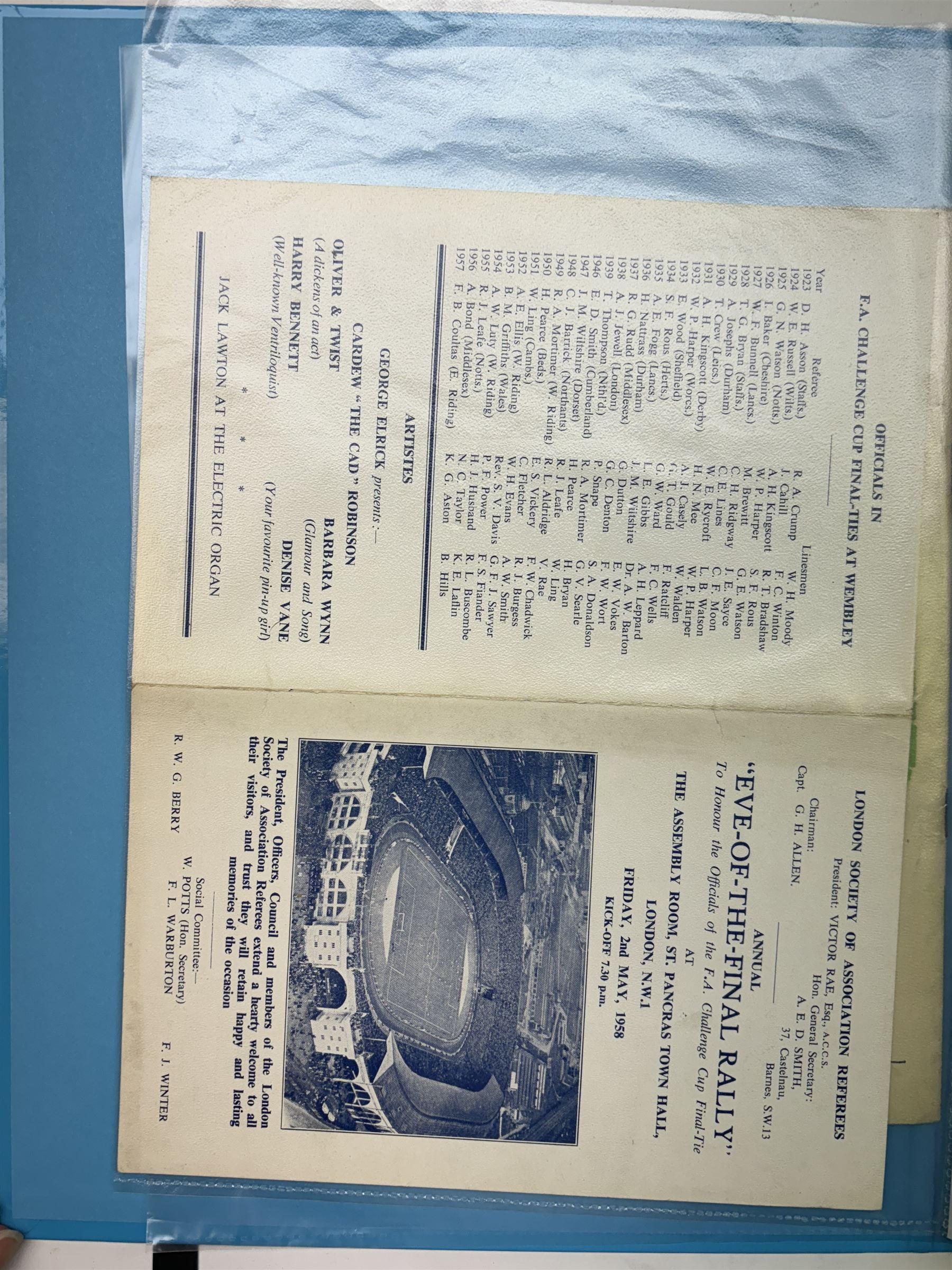 Collection of football memorabilia belonging and relating to the Hull based referee Frank Coultas, including 9ct gold Referee's medal for the 1957 Aston Villa v Manchester United FA Cup Final, inscribed 'The Football Association, F.B Coultas, F.A. Challenge Cup Competition, Final Tie 1957', hallmarked and in original case; the kit worn by him to referee the 1957 FA Cup Final and ephemera relating to the match including photographs, programmes and tickets; together with other football memorabilia collected by Frank Coultas, including programmes, photograph and ticket stubs, with some items relating to the 'Busby Babes'