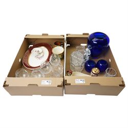Three blue glass vases, six brandy balloons, Colibri table lighter, glass biscuit box and ...