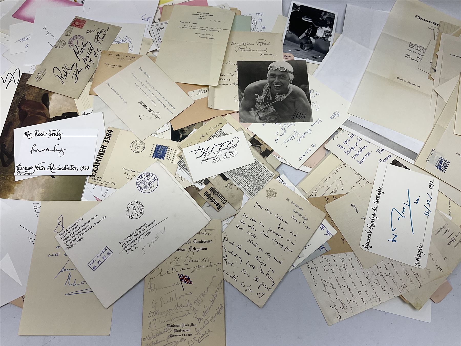 Collection of over 600 autographs on cards, clipped pieces, letters etc including William Gladstone, Lord North, Randolph Churchill, Hugh Dalton, Philip Noel-Baker, Philip Burne-Jones, Tiger Woods, Ben Hogan, Cindy Crawford, Viv Nicholson, Roddy Doyle, Diana Cooper, Woody Allen, Roy Orbison, Mary Wilson, Sammy Davis Jr., Clive Brook, Roger Quilter, Chay Blyth, Chris Bonington, John Lodge, Trevor Bayliss, Penelope Wilton, Tom O'Connor, Charles Aznavour, Alan Tichmarsh, Michael Ball, Thelma Barlow, Jack Brymer, Paul Badura-Skoda, John Lill, John Conteh, Charlotte Knollys, Arthur Godfrey, Eric Sykes, Queen Noor of Jordan, Victoria Gledenning, Madeleine Albright etc