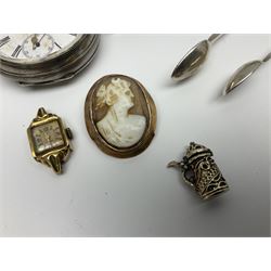 Edwardian silver open face lever pocket watch, case by Alfred Wigley, Birmingham 1901, on silver tapering Albert chain, 14ct gold ladies manual wind wristwatch, two pairs of silver sugar tongs by Francis Higgins II, London 1880, silver charm and a 9ct gold cameo