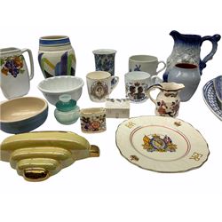 Ceramics including a Burleigh ware blue and white vase, Shelley mould, a mason's Mandalay design jug and toothpick holder, a Staffordshire willow design meat platter, a Ringtons jug etc. 