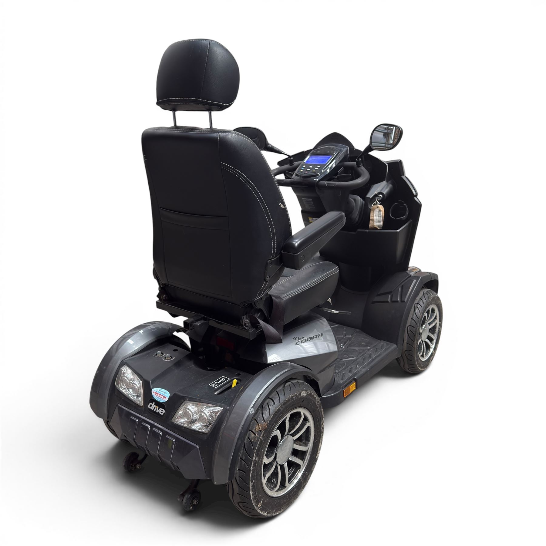 Drive King Cobra  - mobility scooter, four wheel model with black seat and headrest, lights and grey bodywork, 800 miles.