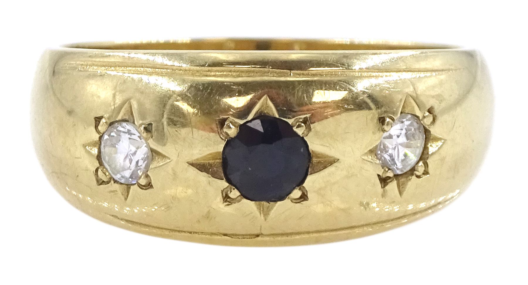 9ct gold three stone gypsy set blue and white cubic zirconia ring, hallmarked
