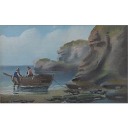Edward King Redmore (British 1860-1941): Two Boat Scenes with Headlands, two oils on board, together with two further scenes of boats, max 17cm x 18.5cm (4) (one unframed)