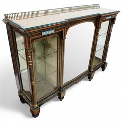 Victorian amboyna and ebonised credenza with glass top, the freeze fitted with two Wedgewood plaques and brass beading above crossbanded arched glazed mirror door flanked by two glazed cabinet doors with two removable glass shelves between four gilt brass reeded floral columns, supported on bun style feet