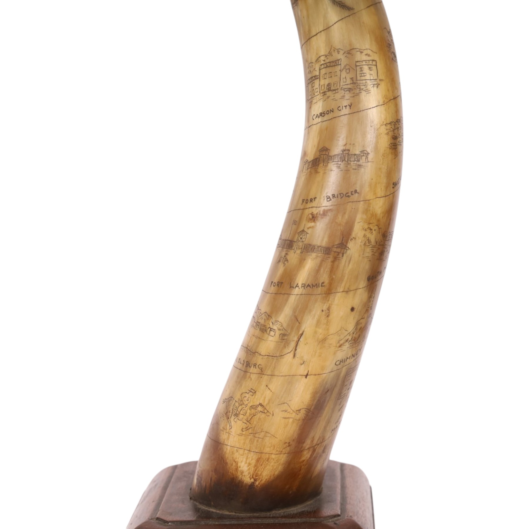American horn with carvings to commemorate Billy Richardson the first Pony Express Rider dated April 1860 mounted on a wooden base 56cm