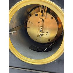 Victorian black slate mantel clock timepiece, the case with engraved and gilt decoration and inlaid with malachite, circular enamel Roman dial, single train driven movement