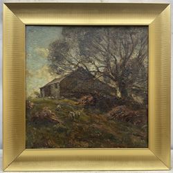 Herbert F Royle (British 1870-1958): Hilltop Barn with Sheep Grazing, oil on canvas signed 45cm x 45cm