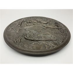 Late 19th century bronze plaque, of circular form, depicting the angel appearing to Adam and Eve in the garden of Eden in high relief, D25.5cm
