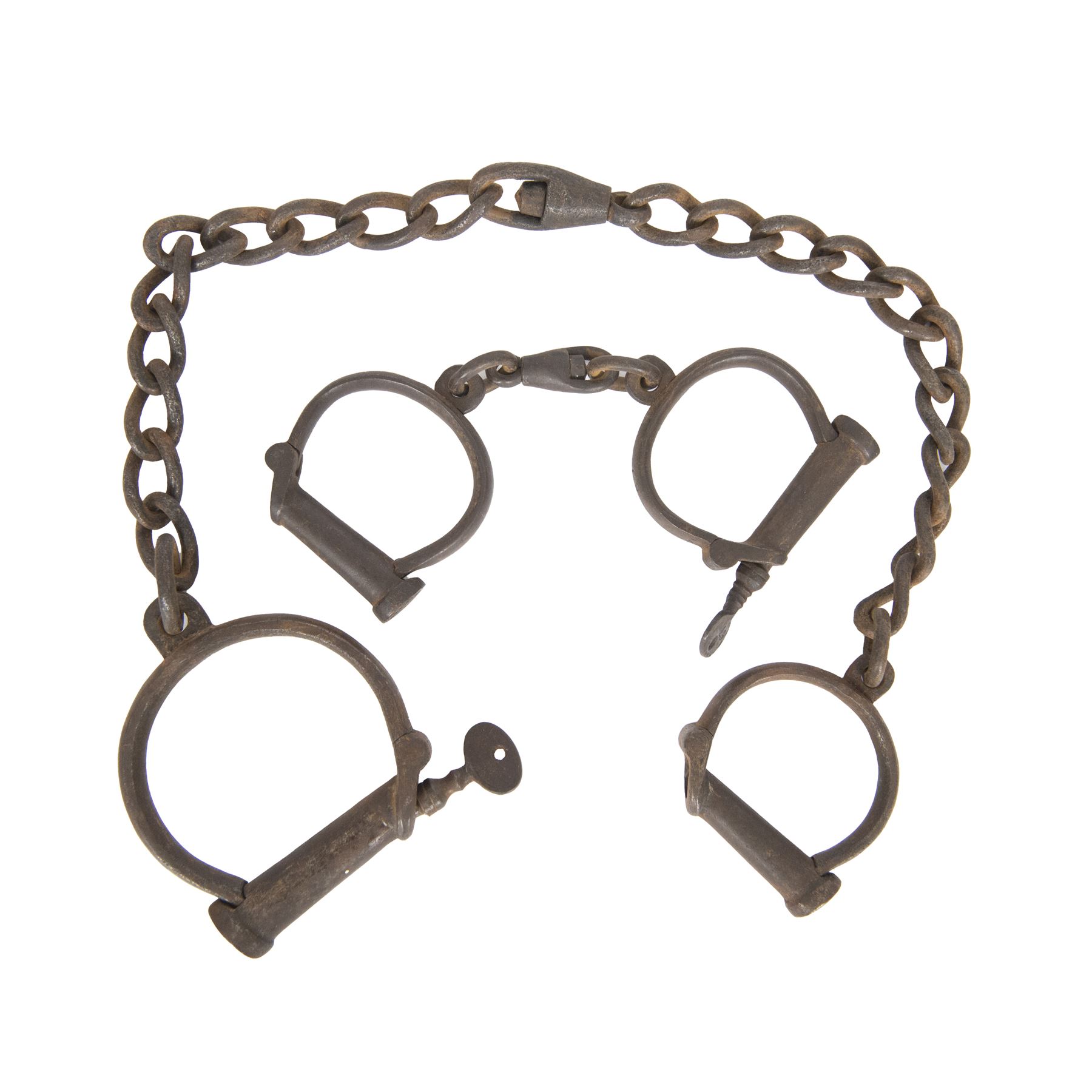 Set of No.8 Hiatt warranted wrought police handcuffs with key, together with another set of shackles, marked hard 