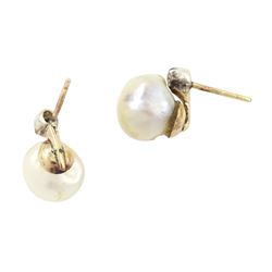 Pair of 19th / early 20th century natural saltwater pearl and diamond earrings, one stud set with a single white / cream pearl, the other with a white / grey / cream pearl, each suspending from a single old cut diamond, total pearl weight approx 4.30 carat