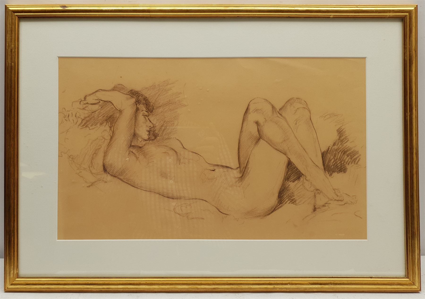 Attrib. Fortunino Matania (Italian 1881-1963): Nude with Arms Outstretched, crayon unsigned, attribution in a later hand verso 28cm x 47cm