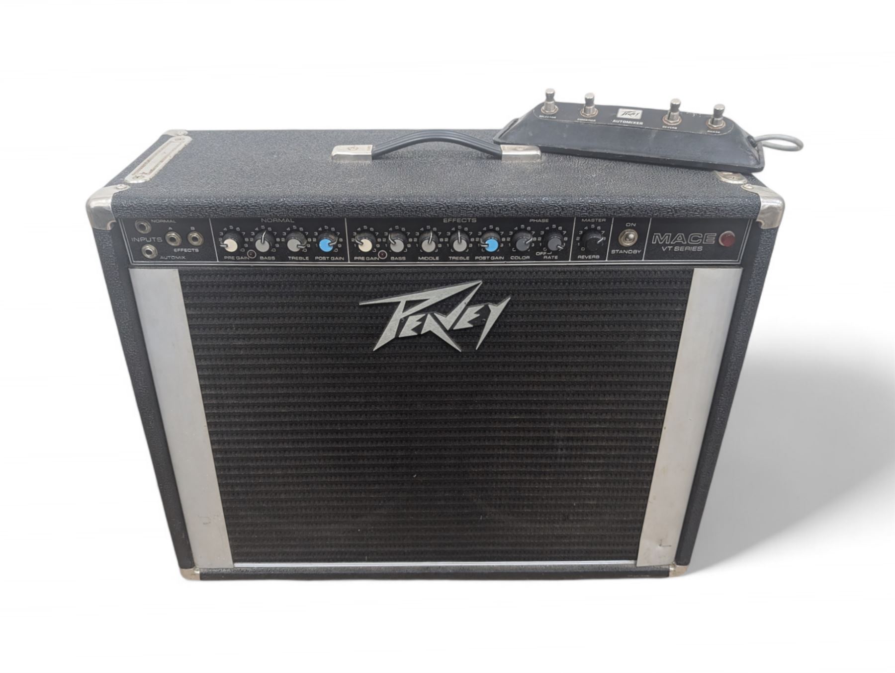 1970s Peavey 2 x 12 BW Mace guitar amplifier, serial no. 9A-468240, with a Peavey four-button Automixer foot pedal, H51cm, W67cm