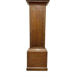 Early 19th century oak cased eight-day longcase clock c1810 - with a swan necked pediment and three matching brass finials, break arch hood door flanked by turned pilasters with brass capitals, trunk with a full length spire topped door on a square plinth with applied skirting, early painted dial with Roman numerals, Arabic five minutes, subsidiary seconds and date dials and steel hands, with floral spandrels and conforming decoration to the arch, dial pinned via a false plate to a rack striking movement, sounding the hours on a bell. With weights pendulum and key.
