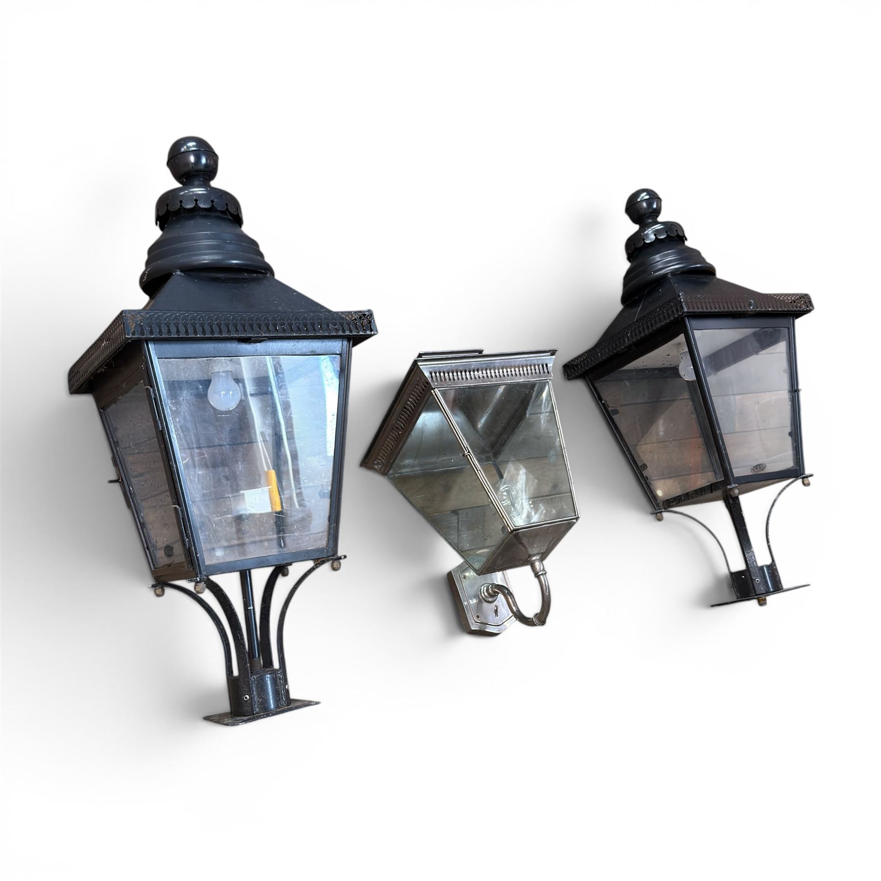 Pair of Victorian design black painted 'street' lamps, and a satin chrome light fitting