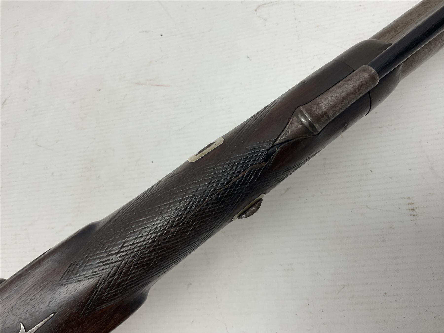 19th century take down 'cripple stopper' single barrel percussion gun, removable walnut stock with bayonet style fitting, chequered grip and fore-end, approximately 8-bore, the 59.5cm (23