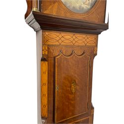 John Stonehouse of Leeds - mahogany 8-day longcase clock with a painted oval dial c1830, hood with a swans necked pediment and profuse contrasting inlay to both the hood and case, oval hood door with flanking pilasters and Corinthian capitals, conforming case with canted corners and short triple spire door, broad plinth with matching inlay and canted corners on shallow base, dial depicting masonic regalia, symbols, and pictorial depictions of the humanities, faith, hope, charity and righteousness, black chapter with white roman Arabic’s, date recorder and matching “crown” hands, dial pinned to a rack striking movement with a recoil anchor escapement, striking the hours on a coiled underslung gong. With weights and gridiron pendulum. 
This clock case is of large, impressive dimensions and was almost certainly commissioned for a large masonic lodge in Leeds, a rare and unique example.