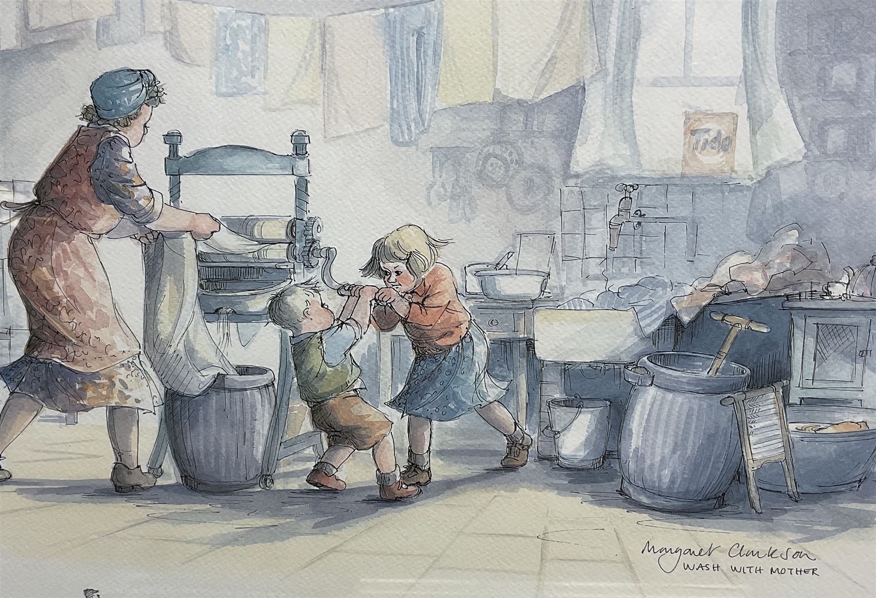 After Margaret Clarkson (British 1941-): 'Wash With Mother' 'Porridge Again' and 'Shoe Shine Boy', three limited edition colour prints signed and numbered together with two more framed prints after the artist each comprising of five limited edition signed colour prints max 28cm x 38cm (5)