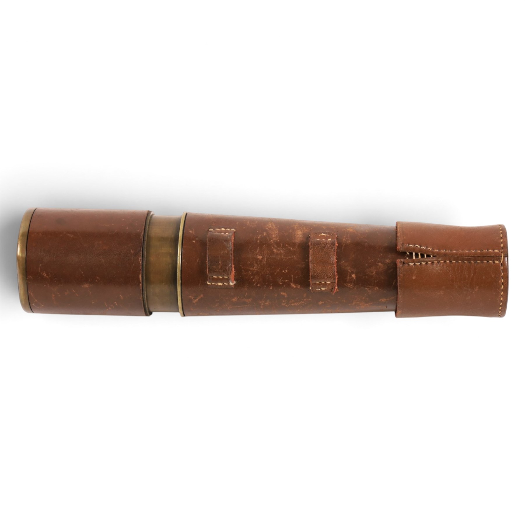 Early 20th century leather-bound three draw brass telescope by Broadhurst Clarkson & Co, 63 Farringdon Road London, full length L77cm