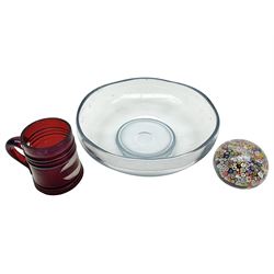 Millefiori glass paper weight, together with ruby glass tankard and a hand blown circular glass bowl, tallest H9cm
