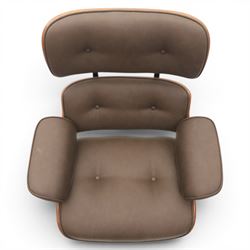 In the manner of Eames' Lounge chair, contemporary brown leather and plywood recliner and footstool, padded leather seat and arm rests, plywood backs raised on a black metal frames, reclines and swivels on a five point base  
