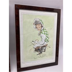 Enamel Horse racing members badges, together with three framed signed racing characters jockey prints, including Steve Smith Eccles, Willie Shoemaker and Greville Starkey, and one other print