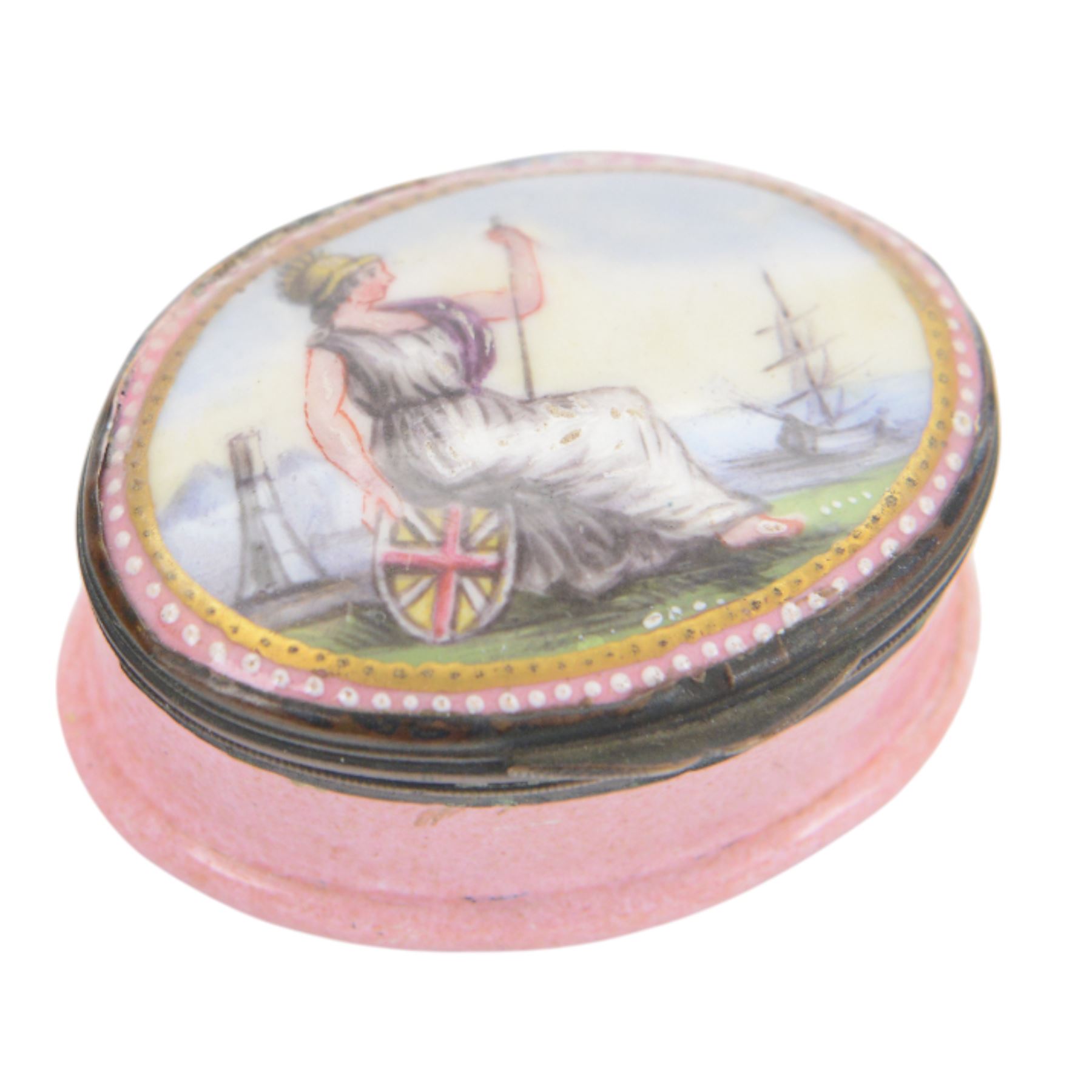 19th century Bilston enamel snuff box, of oval form, the hinged cover decorated with Britannia, H5cm  
