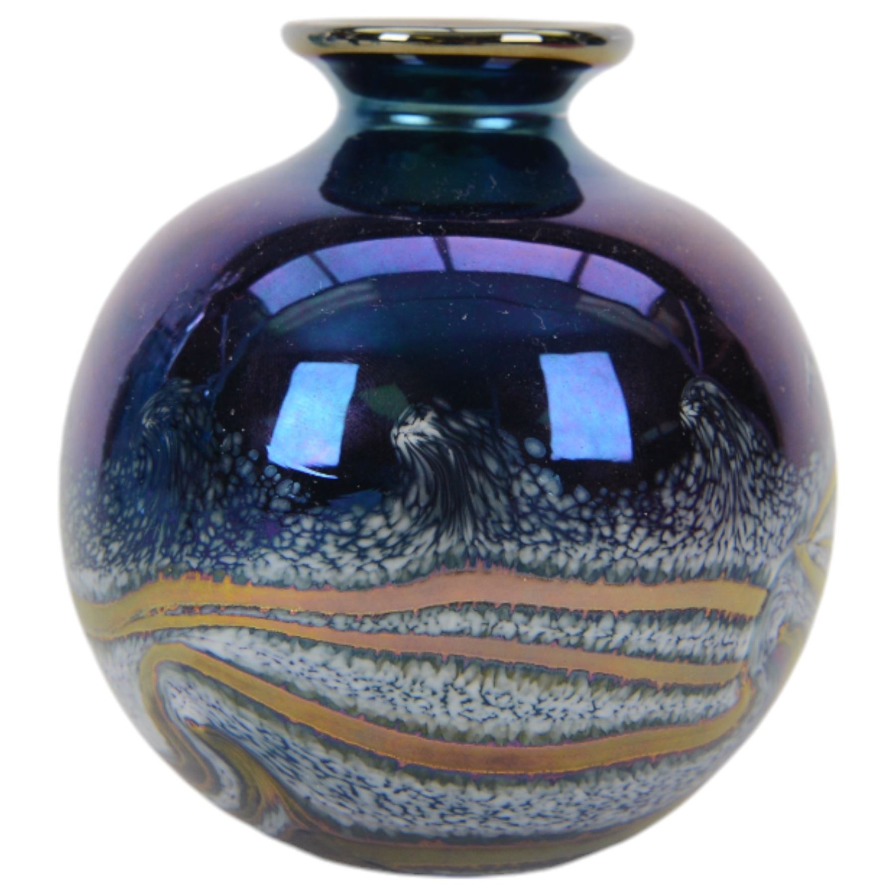 Collection of British contemporary studio glass, including Chris Comins scent bottle, of compressed ovoid form, Karlin Rushbrooke scent bottle, Lanmara iridescent vase