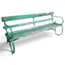 Antique Regency design green-painted wrought iron and slatted garden bench, the scrolled loop-form strapwork end supports fitted with a slatted timber back and seat
