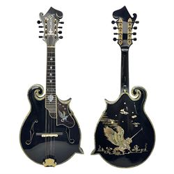 Eastern F-hole eight-string mandolin with black finish and mother-of-pearl inlay of a man riding a winged horse/unicorn amongst clouds and stars with playing card suits to the fingerboard L71cm