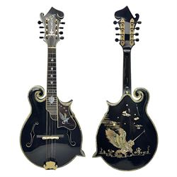  Eastern F-hole eight-string mandolin with black finish and mother-of-pearl inlay of a man riding a winged horse/unicorn amongst clouds and stars with playing card suits to the fingerboard L71cm